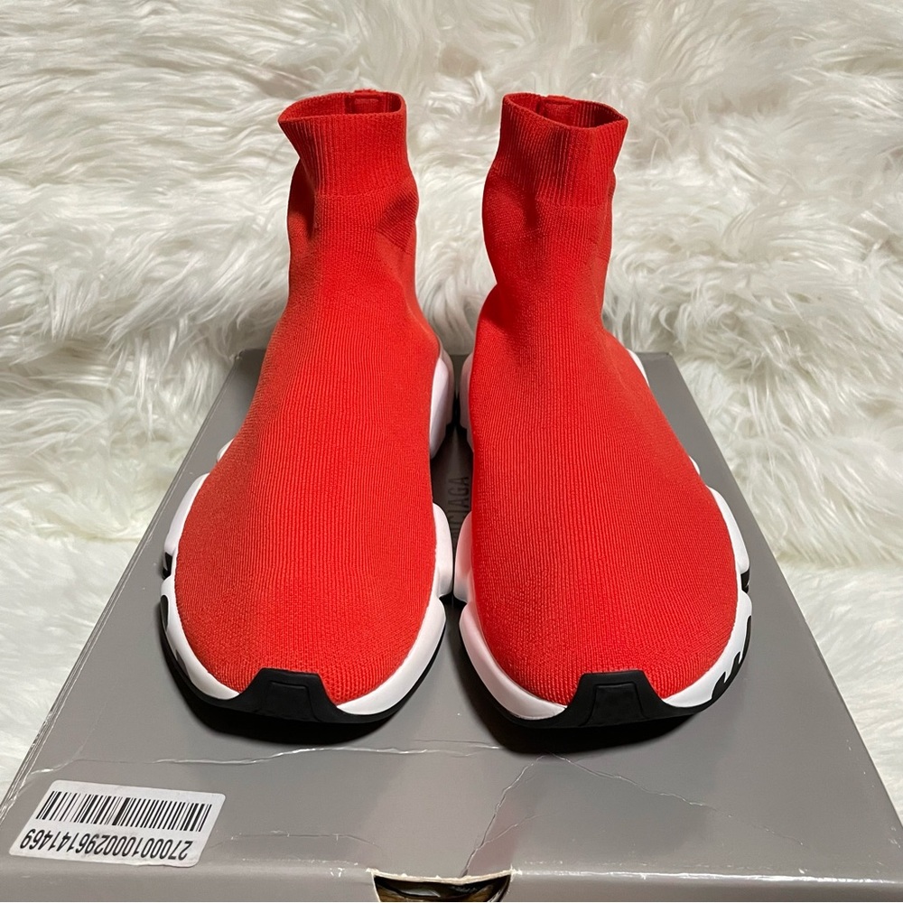 Balenciaga Men’s Speed LT Graffiti Recycled Knit Trainers Red/Black/White - Picture 4 of 9